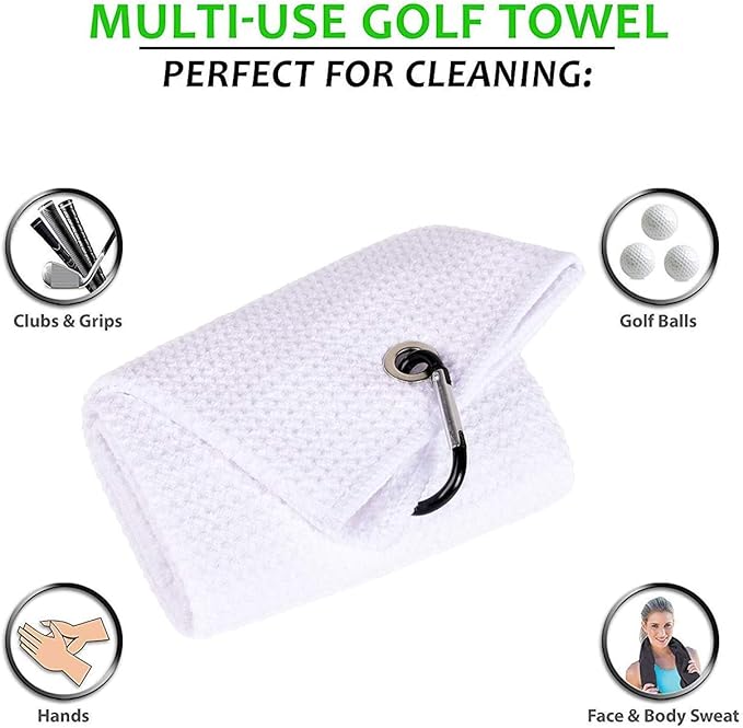 Golf Towels, Microfiber Waffle Pattern Tri-fold Golf Towel - Brush Tool Kit with Club Groove Cleaner, with Clip Men Women Golf Gifts (White Towel+Black Brush)
