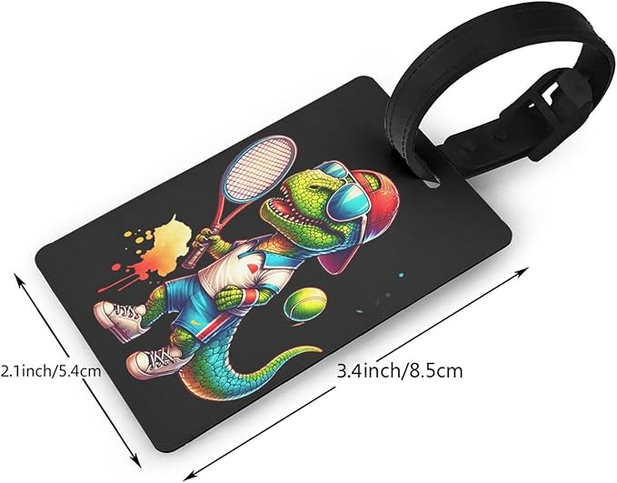 Tyrannosaurus Rex Playing Tennis Luggage Tag Suitcase Identify Labels Personalized Travel Bag Tag 2.5X4.1Inch