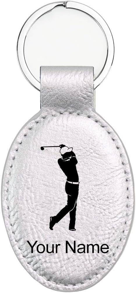 LaserGram Oval Keychain, Golfer Golfing, Personalized Engraving Included (Silver)