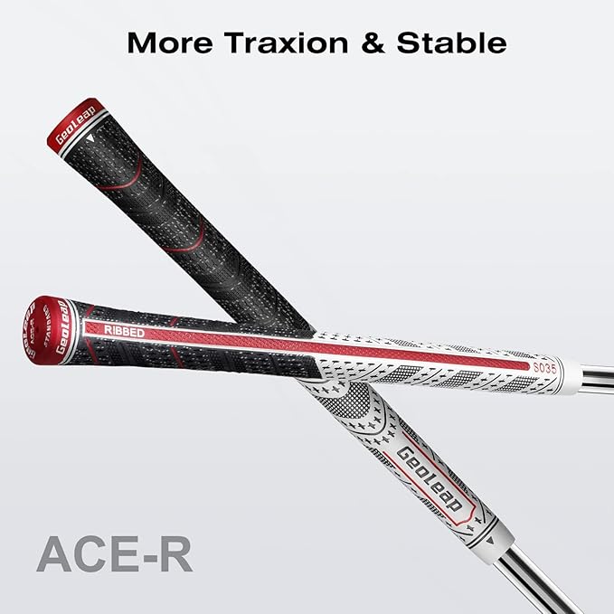 Geoleap Golf Grips Set of 13- Back Rib Improved Control，Multi Compound Rubber And Cord Hybrid Golf Club Grips, Standard/Mdisize, 7 Colors Optional.