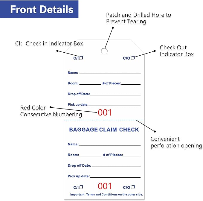 500 Baggage Claim Check Tags with Transfer Tape on Back, Hotel Luggage ID Tags Luggage Tag Bulk with White String, Baggage Identification for Hotel Suitcase Motel Bag