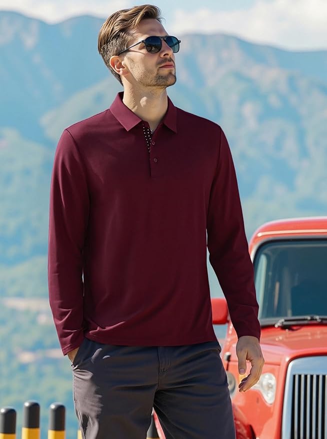 Alex Vando Mens Golf Shirt Moisture Wicking Quick-Dry Solid Long Sleeve Polo Shirts for Men