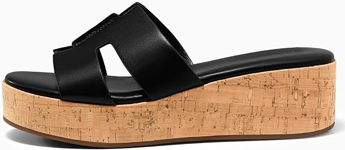 Coutgo Women's Platform Wedge Sandals Open Toe Slip On Slides Cork Heeled Cutout Comfortable Summer Shoes