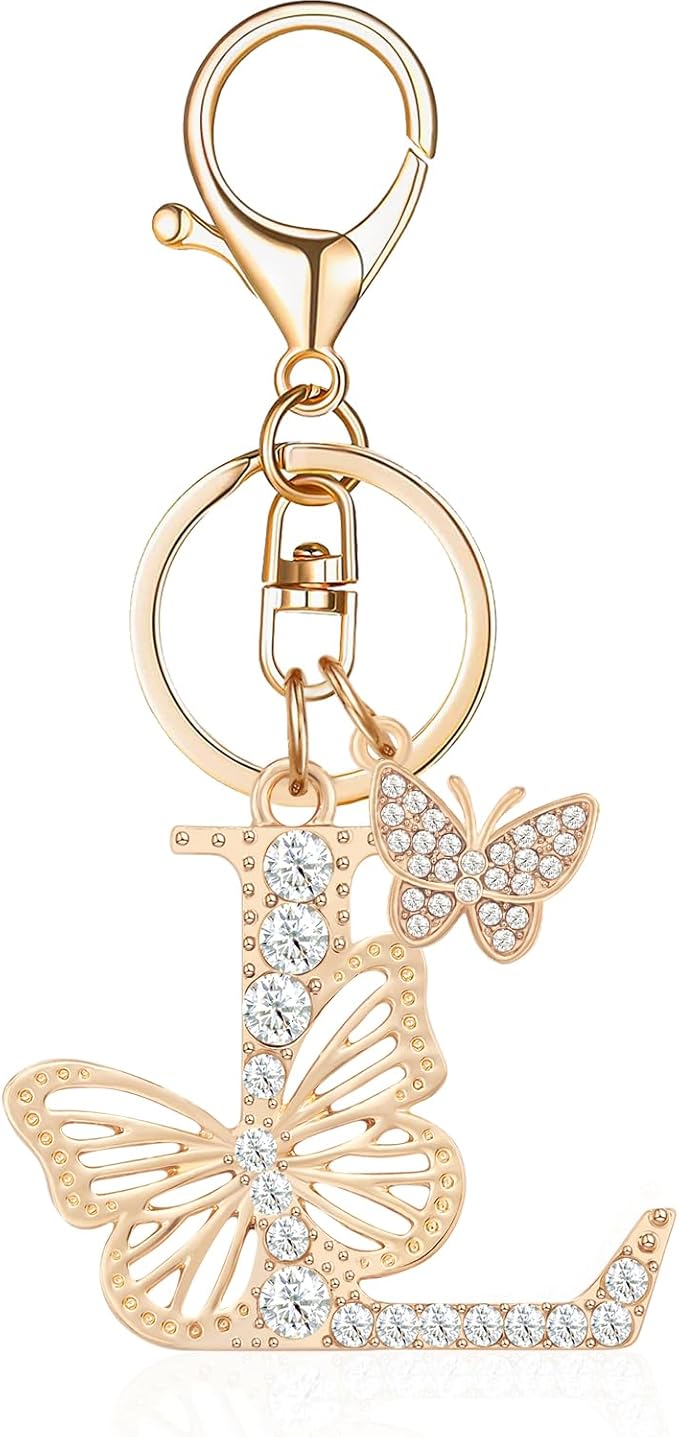 Gold Plated Alphabet Initial Letter Keyring Keychain for Women Girls Crystal Key Chains for Wallet Backpack Bag Charm