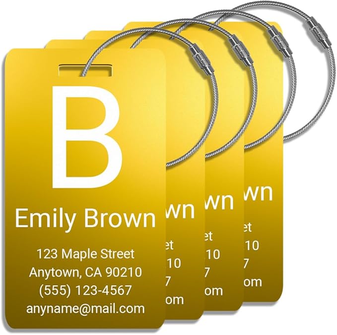 Personalized Luggage Tags for Suitcases 4 Pack – Custom Metal Name Tag for Travel, Golf Bag, and Baggage – Durable Aluminum Luggage Name Tags (Gold, Vertical)