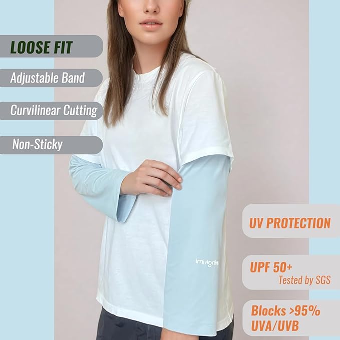 UPF 50+ Sun Protection Arm Sleeves Elastic band Adjustable Cuff Loose Fit Non-Sticky Airflow Friendly Outdoor