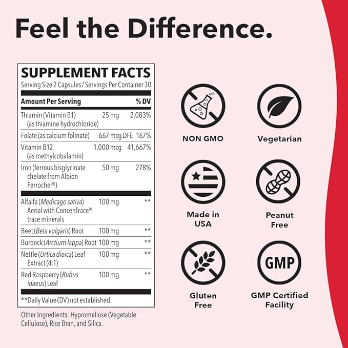 LifeSeasons Blood Nourish-R - Iron Deficiency Supplement - Supports Anemia, Fatigue, Paleness & Dizziness - No Constipation - Blood Building - Iron, Alfalfa, Raspberry & Vitamin B-12-60 Capsules