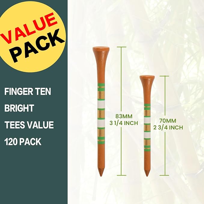 FINGER TEN Golf Tees Wood 3 1/4 2 3/4 Inch Value 50/120 Count, Durable Tees with Bright Colored Stripes for Consistent Height, 70mm 83mm Long Tees Ideal for Golfers