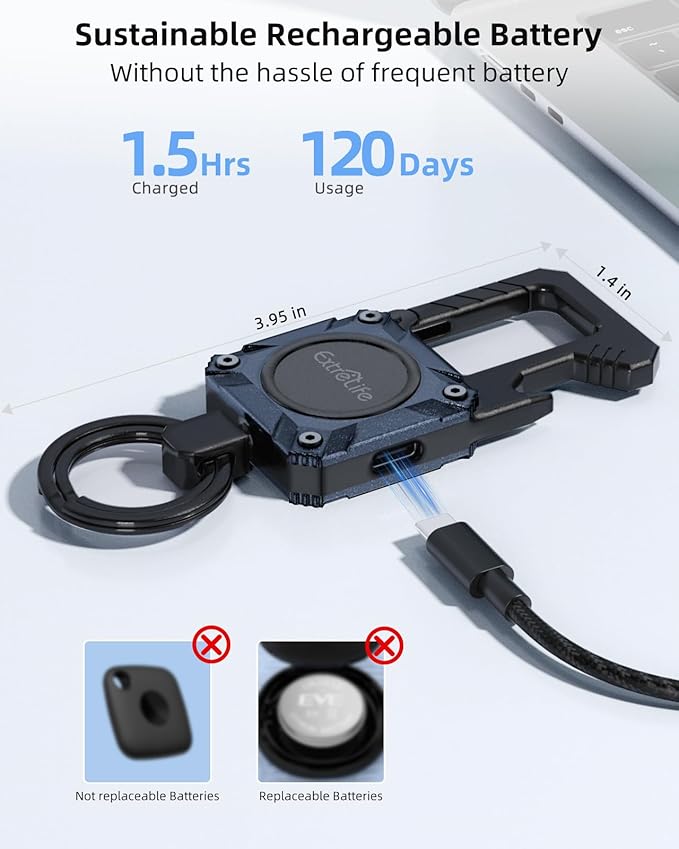 Keychain, Works with Apple Find My, Heavy Duty Keychain Bottle Opener, Carabiner Car Key Chains with GPS Tracker, Key Finder, Bluetooth Tracker for Luggage, Kids, Bags and More, Rechargeable, Blue