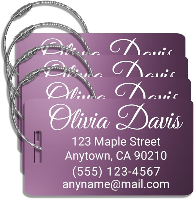 Personalized Luggage Tags for Suitcases 4 Pack – Custom Metal Name Tag for Travel, Golf Bag, and Baggage – Durable Aluminum Luggage Name Tags (Light Purple, Horizontal)