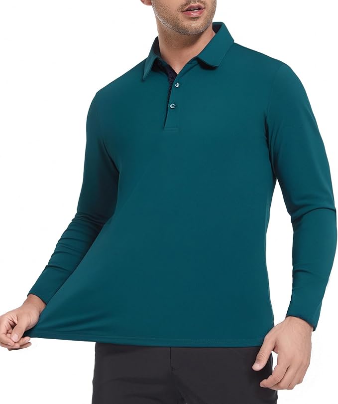 Alex Vando Mens Golf Shirt Moisture Wicking Quick-Dry Solid Long Sleeve Polo Shirts for Men