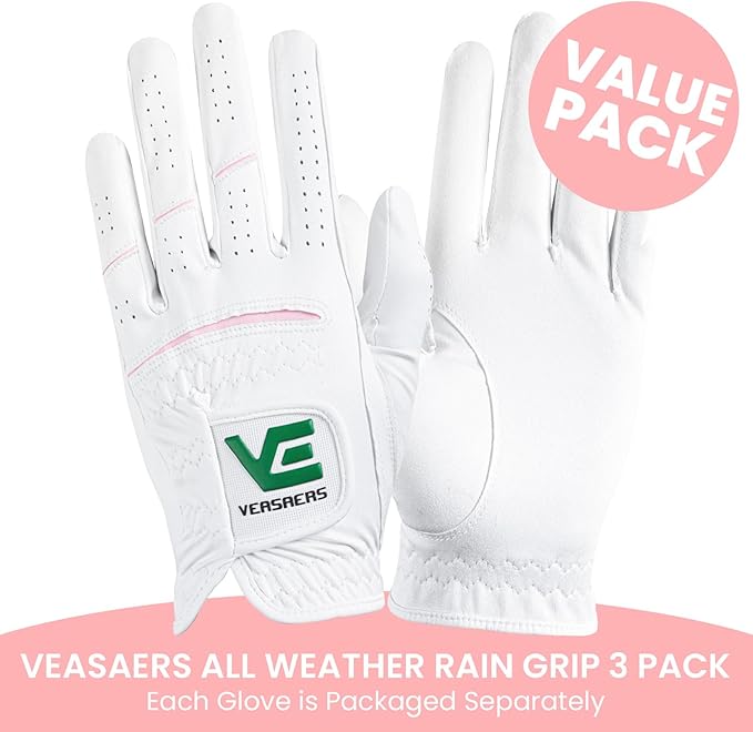 Womens Ladies Golf Rain Gloves Value 3 Pack Left Right Hand, Enhanced Wet Hot Weather Performance Cool Grip, Fit Small Medium Large XL