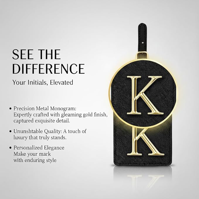 Personalized Initial Letter Luggage Tag for Suitcases PU Leather Baggage ID Tag with Metal Alphabet,Travel Accessory for Backpacks, Bags and Gift for Travelers (Black/Gold-Letter, K)