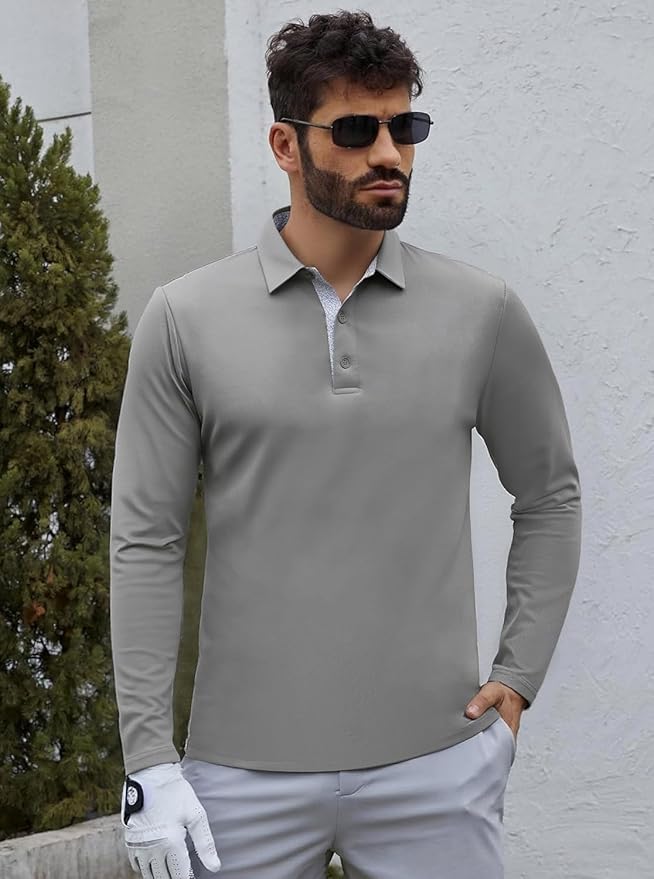 Alex Vando Mens Golf Shirt Moisture Wicking Quick-Dry Solid Long Sleeve Polo Shirts for Men