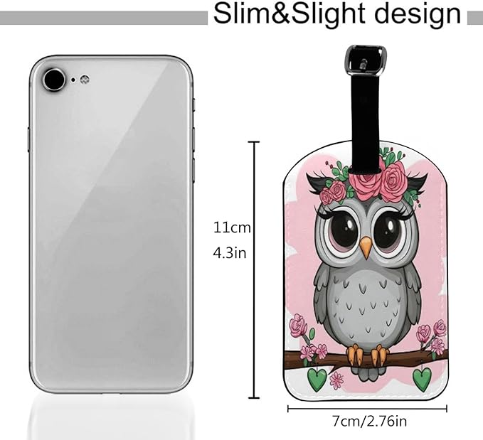 Cute Owl Luggage Tag for Suitcases,Cartoon Girl Owl Flowers Pink PU Leather Baggage Tags Bag Tags Travel Id Label for Luggage Women Men -1 Piece