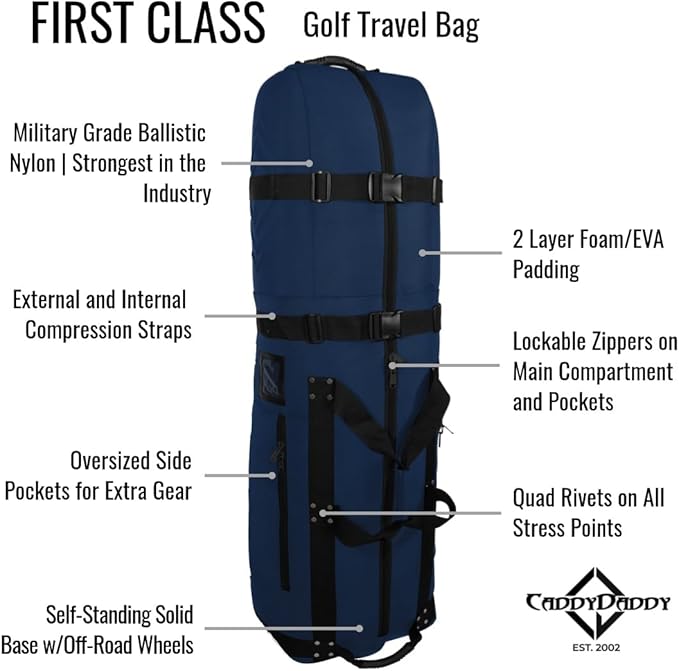 CaddyDaddy First Class Military Grade Ballistic Nylon Travel Cover with EVA Dense Foam Top Padding 2 Year Full Replacement Coverage Self Standing Base XL Wheels Case for Transporting Clubs on Airlines