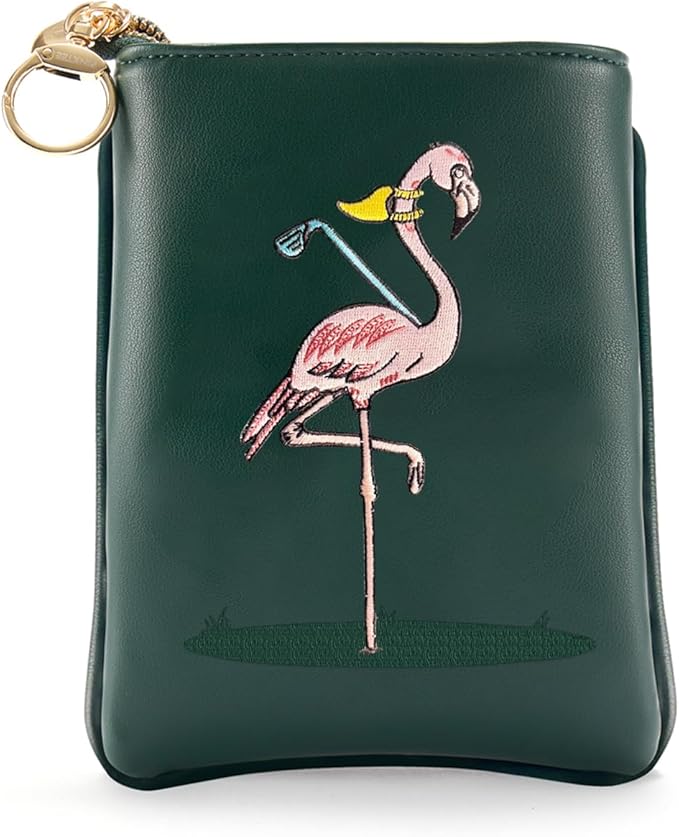 PINKTEE Golf Valuables Pouch Funny Golf Accessories Bag with Zipper Master Green Premiun Leather Golf Tee/Ball Pouch for Women Men (Pink Stripe, FLAMINGO)