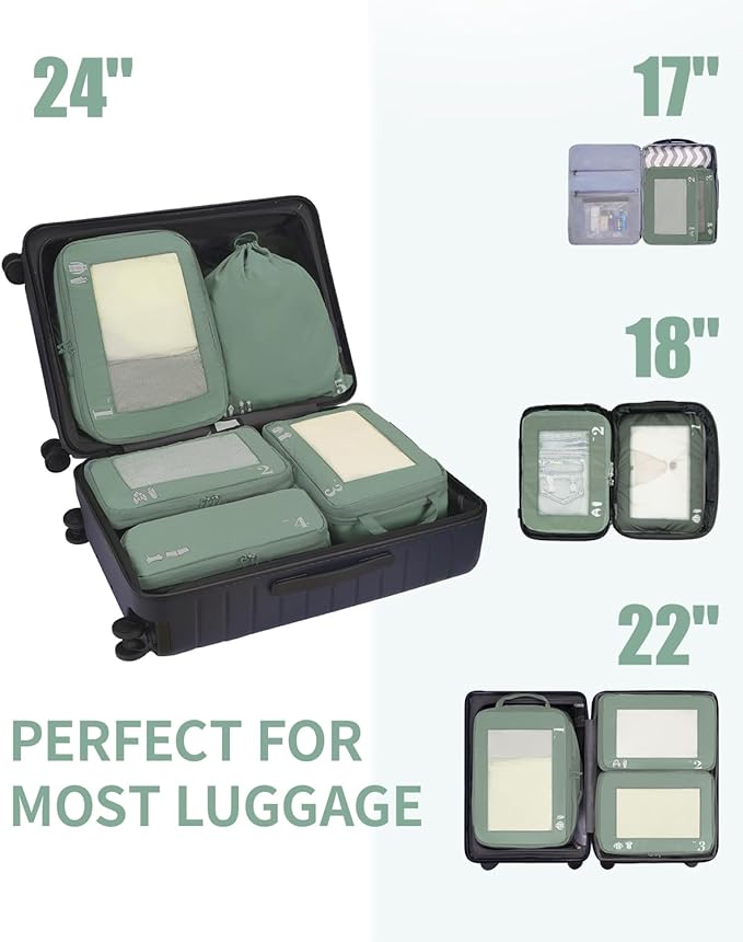 ECOHUB 5 Set Compression Packing Cubes for Suitcases Organiser Bags Set Travel Essentials with Shoe Bags for Travel Tear-resistant Travel Accessories with ID Tag Expandable Packing Bags(Green)