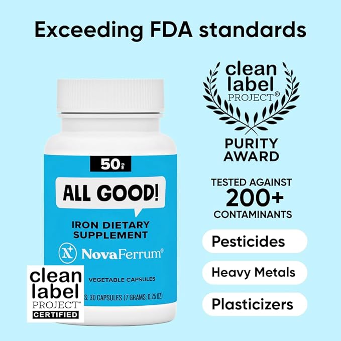 NovaFerrum All Good | Iron Capsule Supplements for Adults | Anemia | 50mg of Iron | 30 Servings | Sugar Free | Vegan | Gluten Free