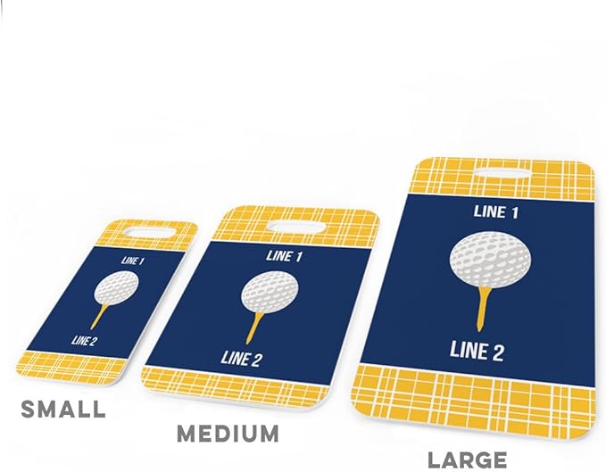 ChalkTalkSPORTS Golf Luggage & Bag Tag | Personalized Team with Golf Ball | Standard Lines on Back | Large | Gold/Navy