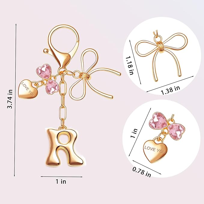 Gold Bubble Initial Keychain with Bow Decoration Bag Charms for Women, Cute Purse Handbag Accessories Gift