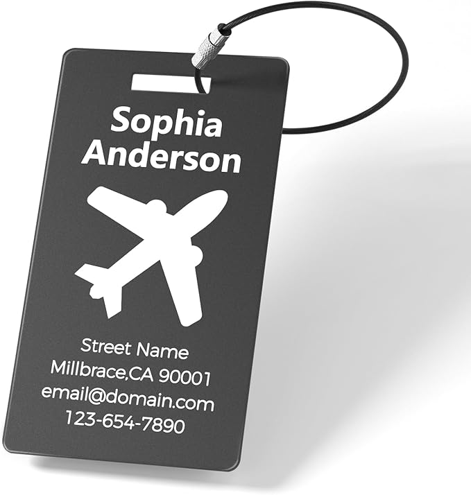 4 Pack Personalized Luggage Tags, Custom Engraved Aluminum Luggage Tags with Your Personalized Text, Waterproof Metal Name Tags with Steel Loop for Bags, Suitcase, Baggage, Backpack (Black, Large)