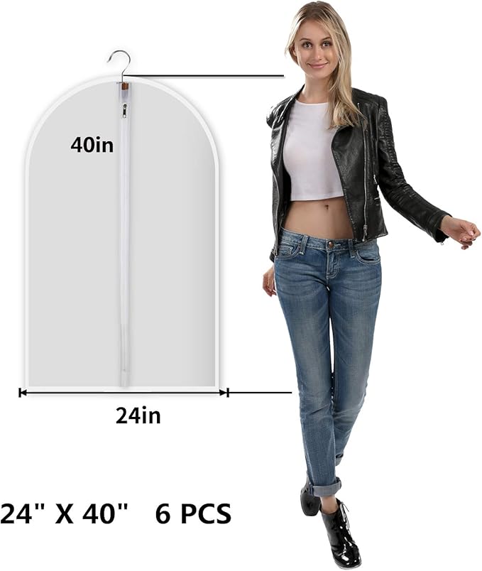 6 Pack Garment Bags for Hanging Clothes (24x40") - Dustproof Suit Bags for Closet Storage - Durable PEVA Covers with Sturdy Zipper for Coats, Jackets & Dresses (Translucent)