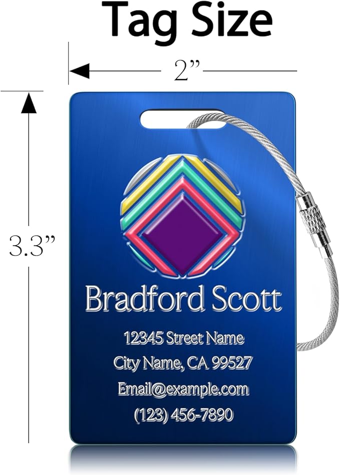 Personalized Luggage Tags - Custom Metal Luggage Tags for Suitcases, Backpacks and Bags with Your Personalized Club Logo Text (Blue)