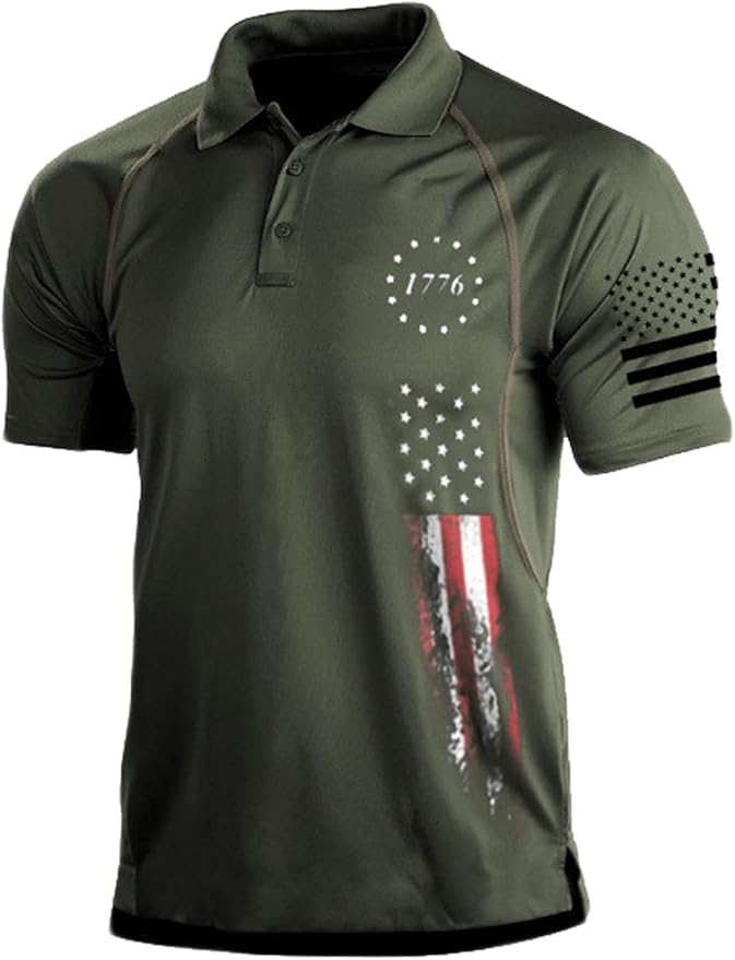 HARGLESMAN Men's 1776 Independence Day American Flag Short Sleeve Polo Golft Shirt(S-3XL)