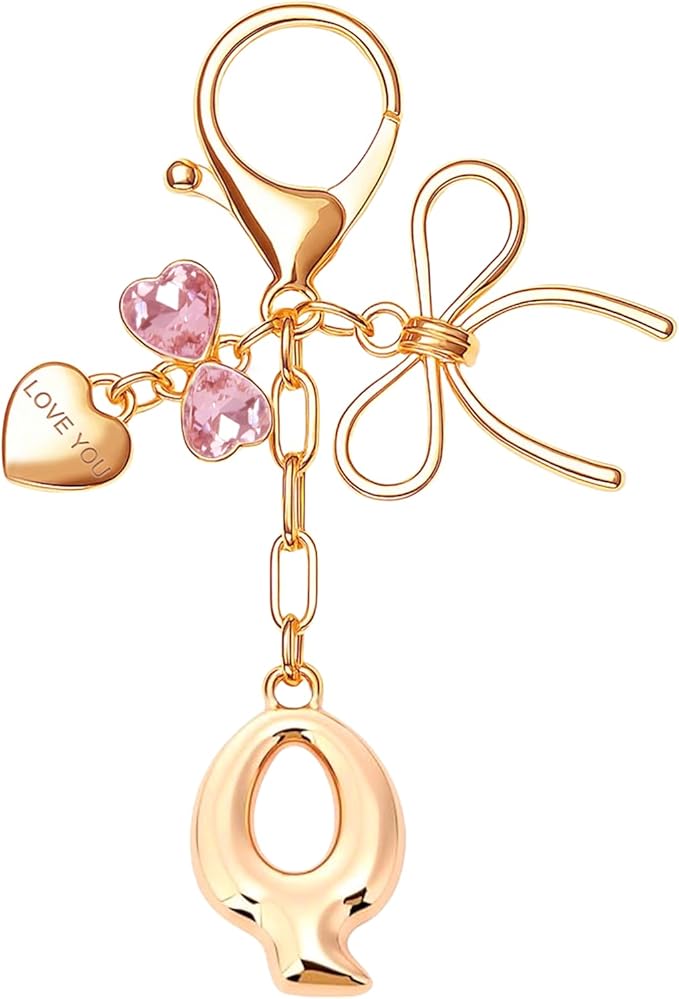 Gold Bubble Initial Keychain with Bow Decoration Bag Charms for Women, Cute Purse Handbag Accessories Gift