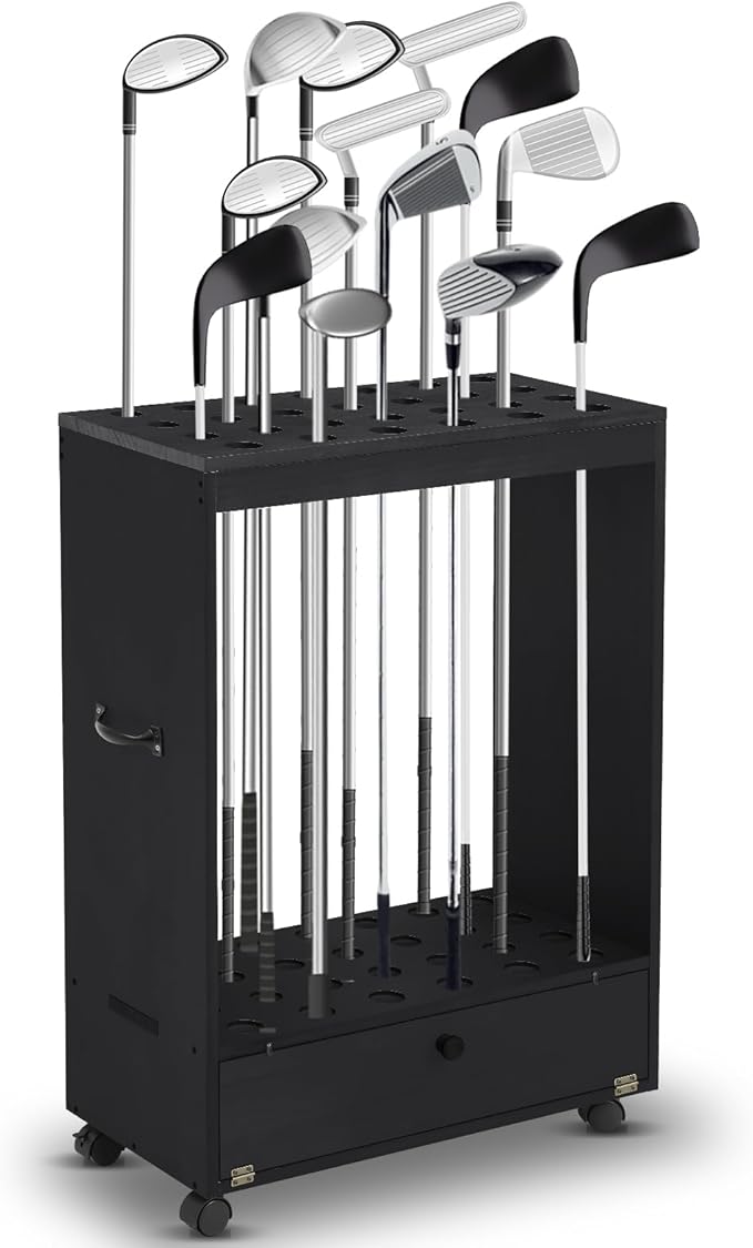 27 Hole Golf Club Stand Holder Wooden Golf Club Organizer Putter Display Rack with Storage Drawer and Wheel for Indoor Home Office Simulator Garage