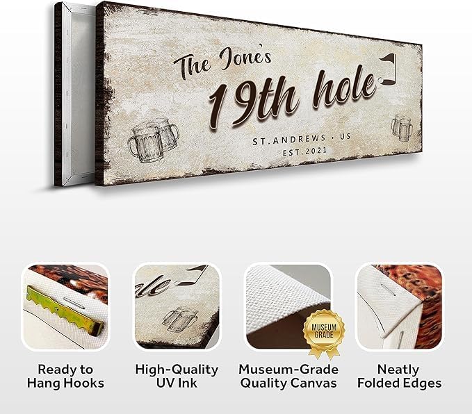 TAILORED CANVASES Golf Art Decor - Personalized Vintage Golf Wall Art Sign for Man Cave, Bedroom, Basement, Home Bar and Custom Gift for Husband, Dad, Wedding & Anniversary - 19th Hole Sign, 48"x16"