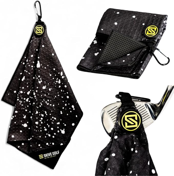 Premium Magnetic Golf Towel | Super Strong Magnet | Absorbent Microfiber Waffle Design | Built-in Silicone Brush | Golf Towels for Golf Bags (Black w/White Drip)