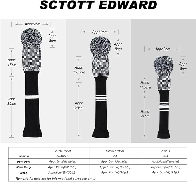 Scott Edward Knit Wood Golf Club Head Covers 4 Pieces Knitted Item Fit Over Well Driver Wood(460cc) Fairway Wood and Hybrid(UT)