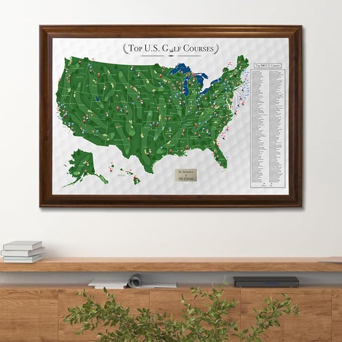 Push Pin Travel Maps Customizable Wall Art - Top Golf Courses USA Map - Brown Frame - Personalized Framed Pin Map, Includes 150 Pins - Handcrafted in USA - 27.5" x 39.5"