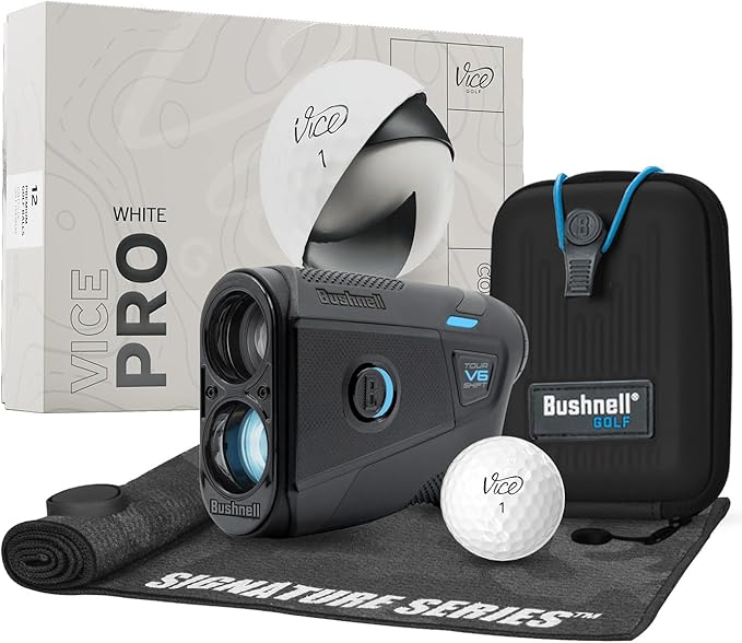 Bushnell Golf Tour V6 Shift Laser Rangefinder with Vice Balls | Slope Compensation, PinSeeker, Magnetic Mount, 1300 YD Range, 6X Magnification | Signature Series Golf Towel