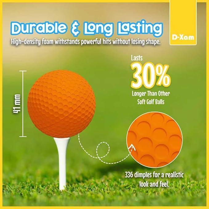 D-Xam Foam Golf Balls Bulk Practice Golf Ball Soft Multicolor, Yellow, White or Orange | Long Lasting & Realistic Feel | Limited Flight Use Indoors Outdoors Backyard Training
