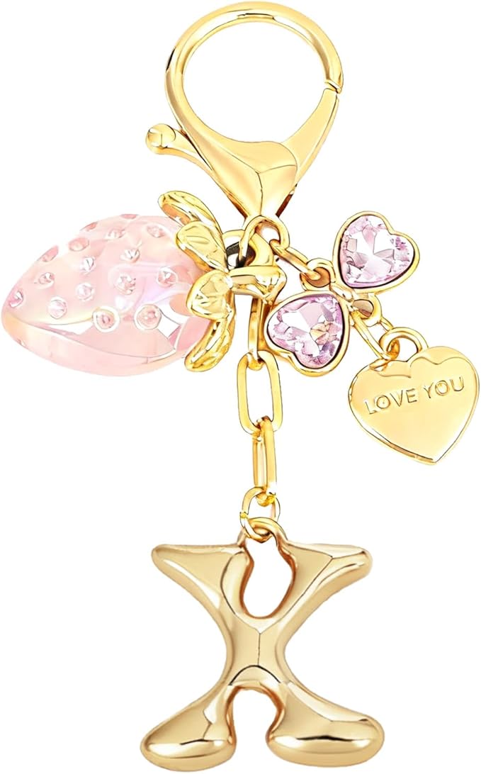 Snycler Bubble Initial Keychain with Strawberry & Bow- Gold Letter Bag Charms for Women, Cute Purse Handbag Accessories
