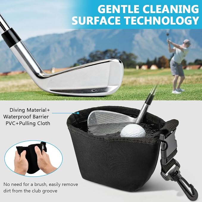 Golf Club and Golf Ball Cleaning Bag - Cleans Club Grooves, Portable Waterproof Clean Face Tech, Detachable Clip, Quick Dirt & Grass Removal, for Golfers