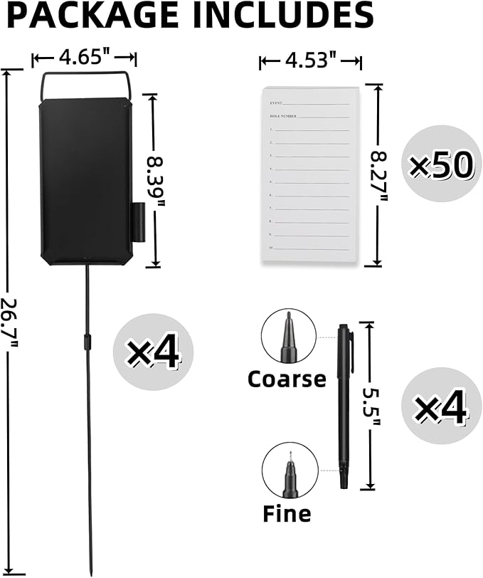 4 Pack Steel Longest Drive and Closest to The Pin Marker, Golf Metal Proximity/Course Distance/Fairway Distance Markers with 50 Sheets Cards and 4 Pens, for Outdoor Golf Tournament Signs