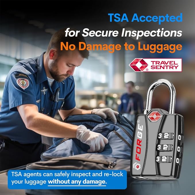 Forge Luggage Locks TSA Approved Black 1 Lock, Small Combination Lock with Zinc Alloy Body, Open Alert, Easy Read Dials, for Travel Suitcase, Bag, Backpack, Lockers.
