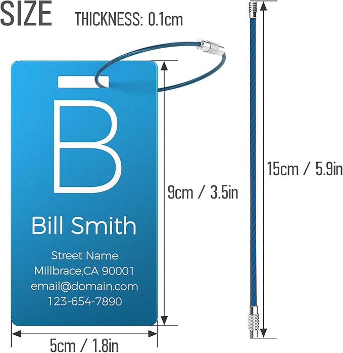 4 Pack Personalized Luggage Tags, Custom Engraved Aluminum Luggage Tags with Your Personalized Text, Waterproof Metal Name Tags with Steel Loop for Bags, Suitcase, Baggage, Backpack (Blue, Large)