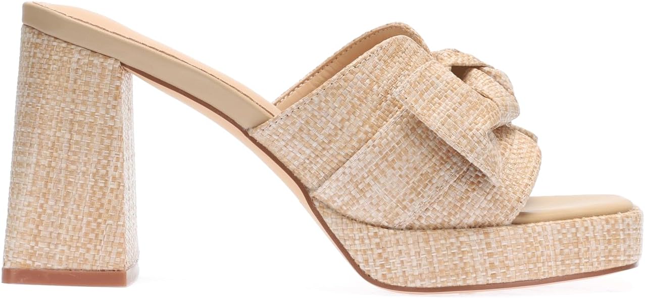 Monrovia Womens Sandals Heels for Women Slide On Block Chunky Platform High Heels Open Toe Raffia Wedge Sandals