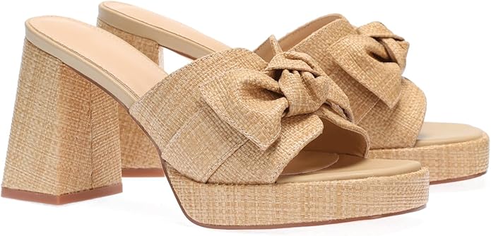 Monrovia Womens Sandals Heels for Women Slide On Block Chunky Platform High Heels Open Toe Raffia Wedge Sandals