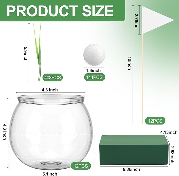 LemonRoad 12 Set Golf Party Centerpieces Table Decorations with Hollow Plastic Ball Artificial Grass Flag Flower Mud Sport Centerpiece Table Toppers for Golf Birthday Party Baby Shower Supplies