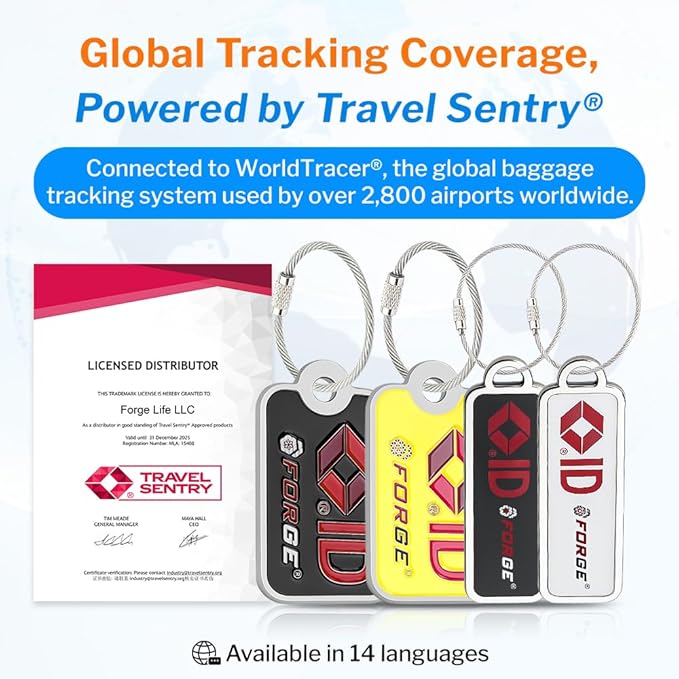 Forge Smart Lost and Found Luggage Tags, Global Luggage Tracking Tag, WorldTracer Compatible, Travel Sentry Powered Baggage ID System for Luggage, Bags, Suitcases, and More (Black 2 PK)