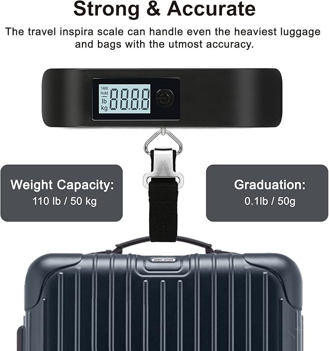 travel inspira Luggage Scale, Portable Digital Hanging Baggage Scale for Travel, Suitcase Weight Scale with Rubber Paint, 110 Pounds, Battery Included