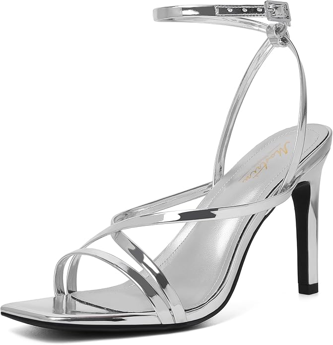 Mostrin Strappy Heels for Women Square Open Toe Lace Up Heeled Sandals Ankle Strap Sexy Stiletto High Heels for Party, Prom, Dating, Wedding