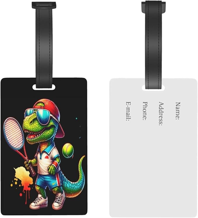 Tyrannosaurus Rex Playing Tennis Luggage Tag Suitcase Identify Labels Personalized Travel Bag Tag 2.5X4.1Inch