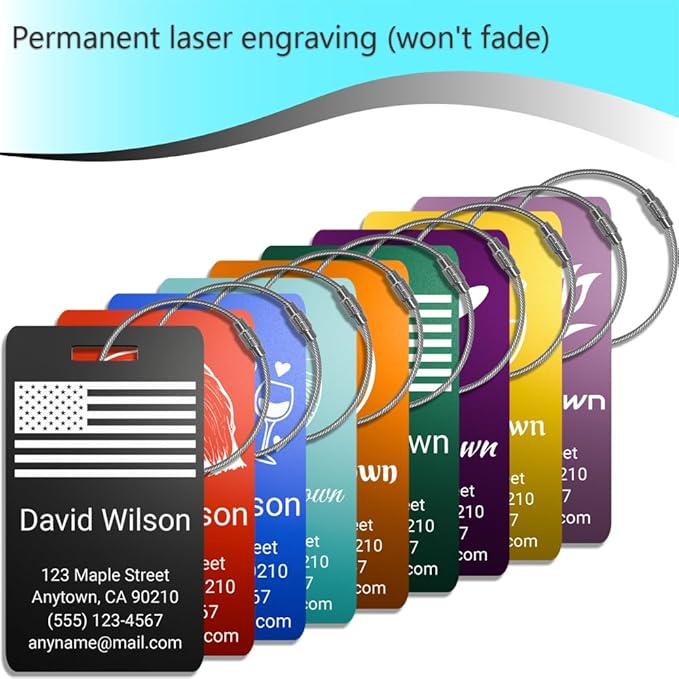 Personalized Luggage Tags for Suitcases 4 Pack – Custom Metal Name Tag for Travel, Golf Bag, and Baggage – Durable Aluminum Luggage Name Tags (Adventure Collection, Purple)